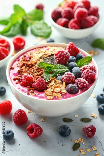 A dynamic photograph of a smoothie bowl with colorful fruit toppings, healthy and vibrant, top-down view.