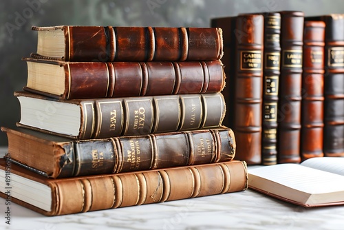 A stack of legal casebooks and courtroom notebooks, symbolizing the study and practice of law in judicial systems. photo