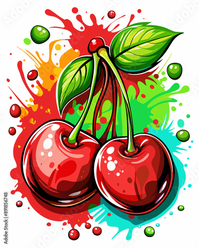 red cherries with green leaves are set against an abstract background of splashes in various colors