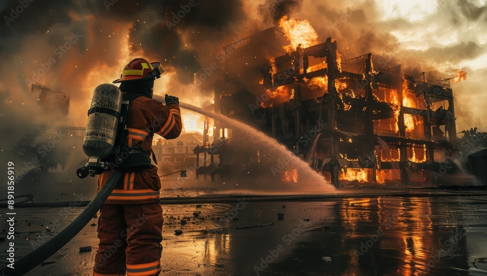 Obraz premium Firefighter battling large fire, water and smoke billowing from building in background.