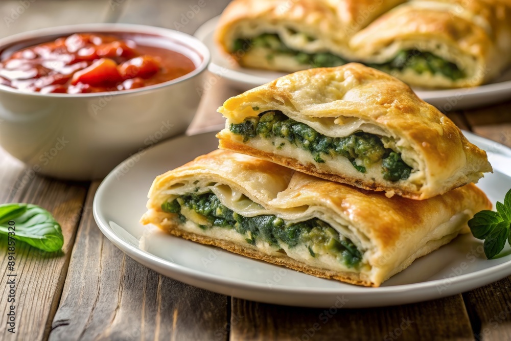 Flaky puff pastry pocket oozing with spinach and cheese Flaky puff pastry pocket oozing with spinach and cheese