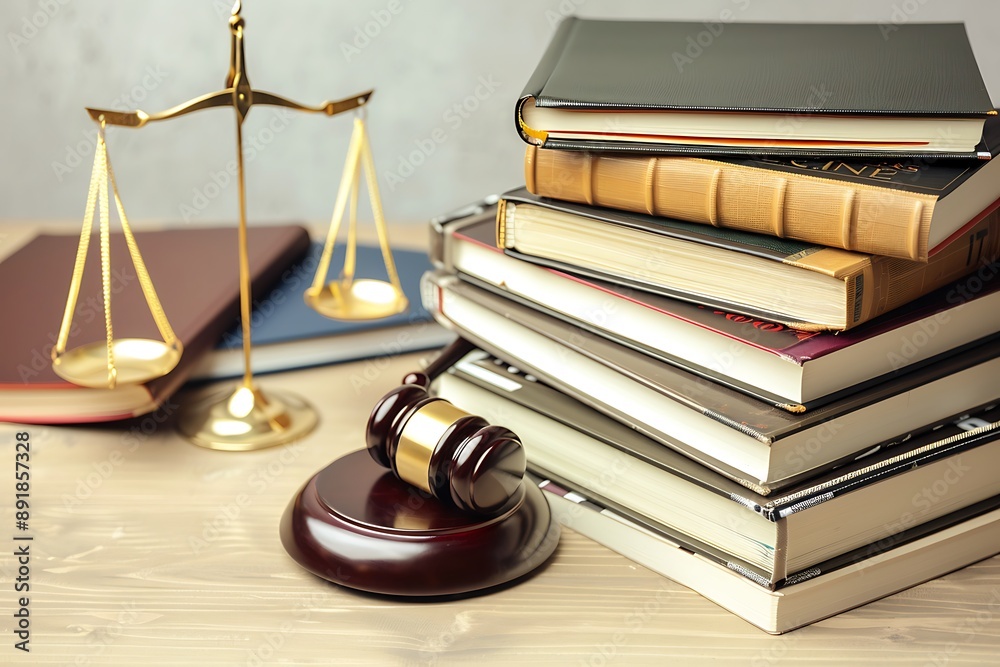 A stack of legal textbooks and law notebooks, with a gavel and legal scales beside them on a courtroom table. A stack of legal textbooks and law notebooks, with a gavel and legal scales beside them on a courtroom table.