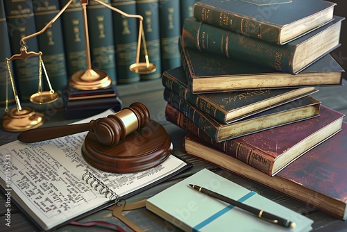 A stack of legal textbooks and law notebooks, with a gavel and legal scales beside them on a courtroom table. photo