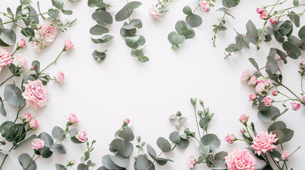 Flower composition featuring a frame made of pink flowers and eucalyptus branches on a white background. Valentine's Day, Mother's Day, and Women's Day concept. Flat lay, top view.