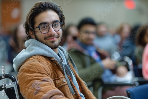 Radiant student in wheelchair enjoys lecture, Generative AI © Moments Captured