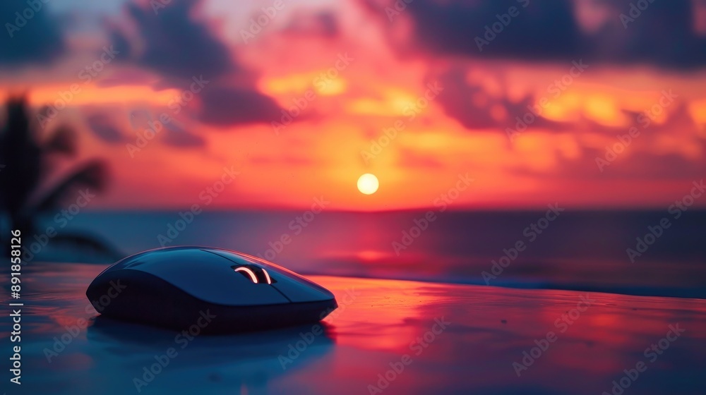 Wireless mouse and Wi fi button on table under sunset sky to symbolize technology and internet communication concept Wireless mouse and Wi fi button on table under sunset sky to symbolize technology and internet communication concept