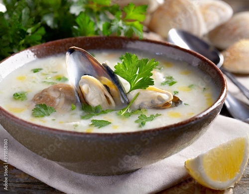 A delicious hot bowl of traditional New England chowder with parsley garnish and clams in the shell. photo