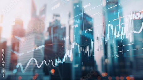 Wallpaper Mural Abstract Stock Market Data with Cityscape - Double exposure of abstract stock market data graphs over a blurred cityscape, representing financial growth and urban development. Torontodigital.ca