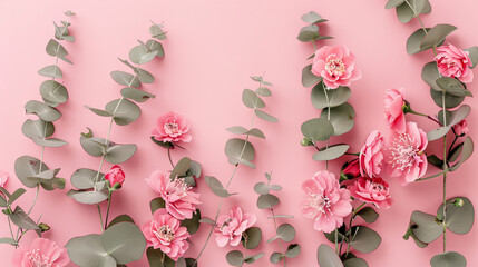 Flower composition with pink flowers and eucalyptus branches on a pink background. Valentine's Day, Mother's Day, and Women's Day concept. Flat lay, top view.