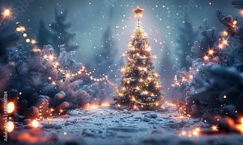 Beautiful white Christmas background with snowy winter landscape in snowy fir forest and sparkling Christmas tree decorations glowing in the dark, Generative AI
