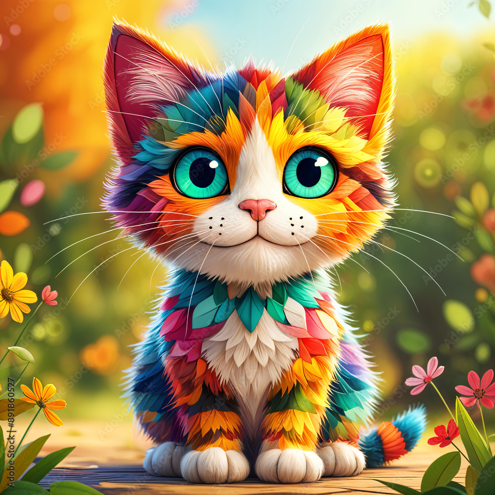 Colorful, cartoon-style cat with vibrant fur and striking blue eyes, sitting on a wooden surface surrounded by flowers. Colorful, cartoon-style cat with vibrant fur and striking blue eyes, sitting on a wooden surface surrounded by flowers.
