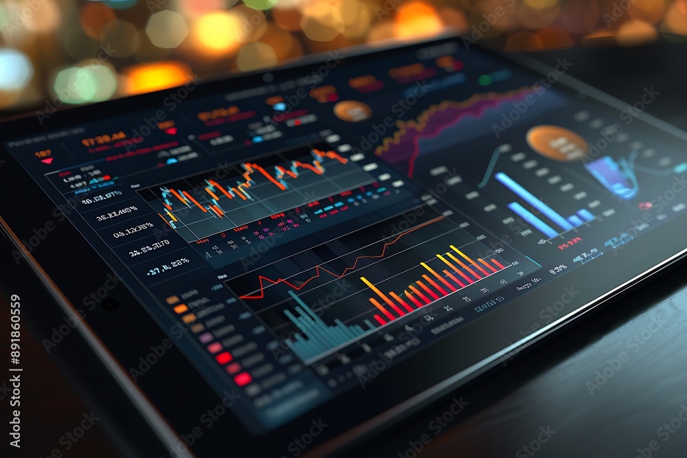 Financial graph and trading chart on tablet screen, dark background, futuristic business analytics, 3D illustration, Financial graph and trading chart on tablet screen, dark background, futuristic business analytics, 3D illustration,