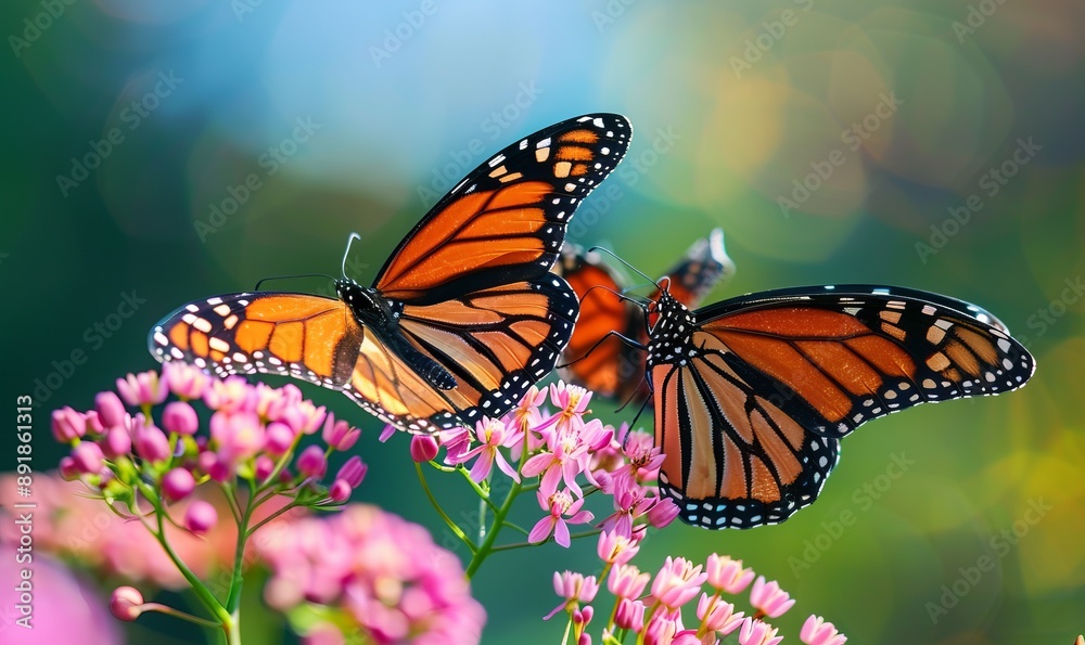 Naklejka premium Monarch butterflies on a blooming flower, vibrant colors and delicate wings, wild animals in their natural habitat