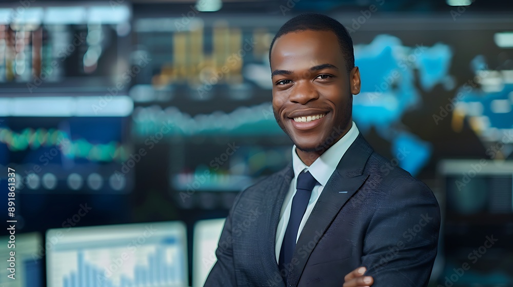 Professional political analyst in formal attire smiling confidently against a newsroom background filled with charts and data showcasing analytical skills ideal for business and media use Professional political analyst in formal attire smiling confidently against a newsroom background filled with charts and data showcasing analytical skills ideal for business and media use
