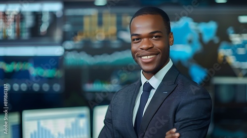 Wallpaper Mural Professional political analyst in formal attire smiling confidently against a newsroom background filled with charts and data showcasing analytical skills ideal for business and media use Torontodigital.ca