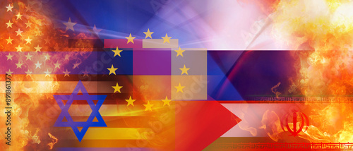 flames over flags of USA an...