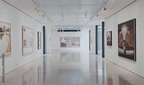 An art gallery with beautiful paintings displayed on minimalist white walls, Generative AI
