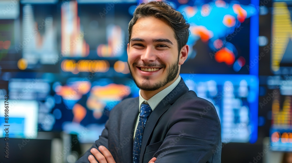 Confident male political analyst in business attire smiling in a newsroom setting filled with data charts perfect for professional media and business-related content showcasing expertise Confident male political analyst in business attire smiling in a newsroom setting filled with data charts perfect for professional media and business-related content showcasing expertise