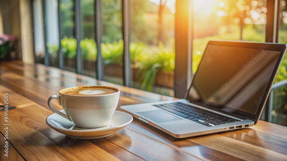 A warm cup of coffee beside a laptop computer on a wooden table in a peaceful office setting, evoking a sense of focused morning productivity. A warm cup of coffee beside a laptop computer on a wooden table in a peaceful office setting, evoking a sense of focused morning productivity.