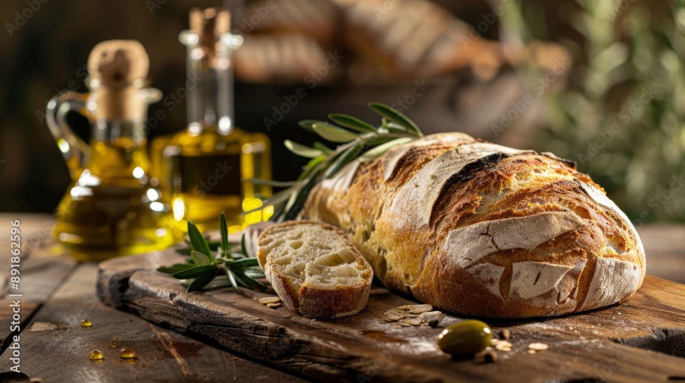 Rustic loaf of freshly baked bread with a sliced piece on a wooden board. Olive oil bottles and fresh herbs. Cozy, traditional food photography for cookbooks, websites, or culinary blogs. AI Rustic loaf of freshly baked bread with a sliced piece on a wooden board. Olive oil bottles and fresh herbs. Cozy, traditional food photography for cookbooks, websites, or culinary blogs. AI