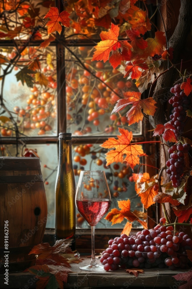 Wine festival. Bottle, glass of rose wine, barrel, bunches of grapes. Autumn, orange leaves. For menu, label, flyer, card, poster. For wine bar, restaurant, winery. Grape harvest festival Wine festival. Bottle, glass of rose wine, barrel, bunches of grapes. Autumn, orange leaves. For menu, label, flyer, card, poster. For wine bar, restaurant, winery. Grape harvest festival