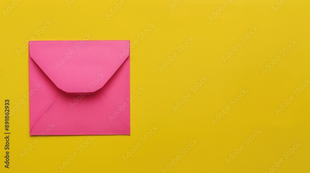 Pink envelope with blank note on yellow background with space for text Pink envelope with blank note on yellow background with space for text