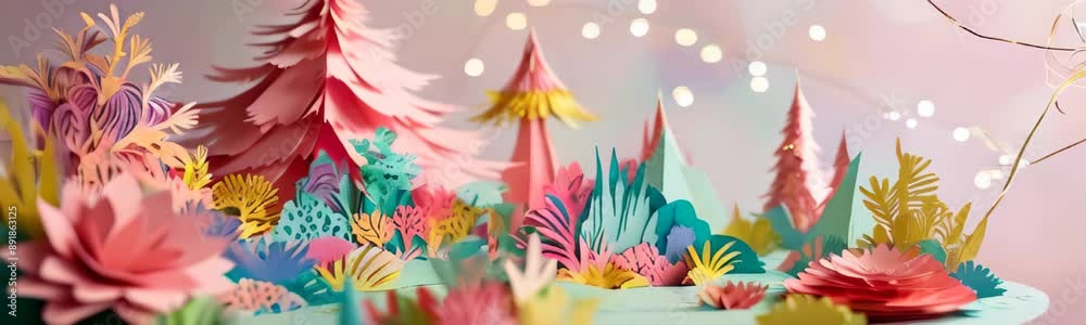 paper art of fairy tale forest and flowers in various pastel colors, soft bokeh lights and a gradient sky on background. Copy space template web banner paper art of fairy tale forest and flowers in various pastel colors, soft bokeh lights and a gradient sky on background. Copy space template web banner