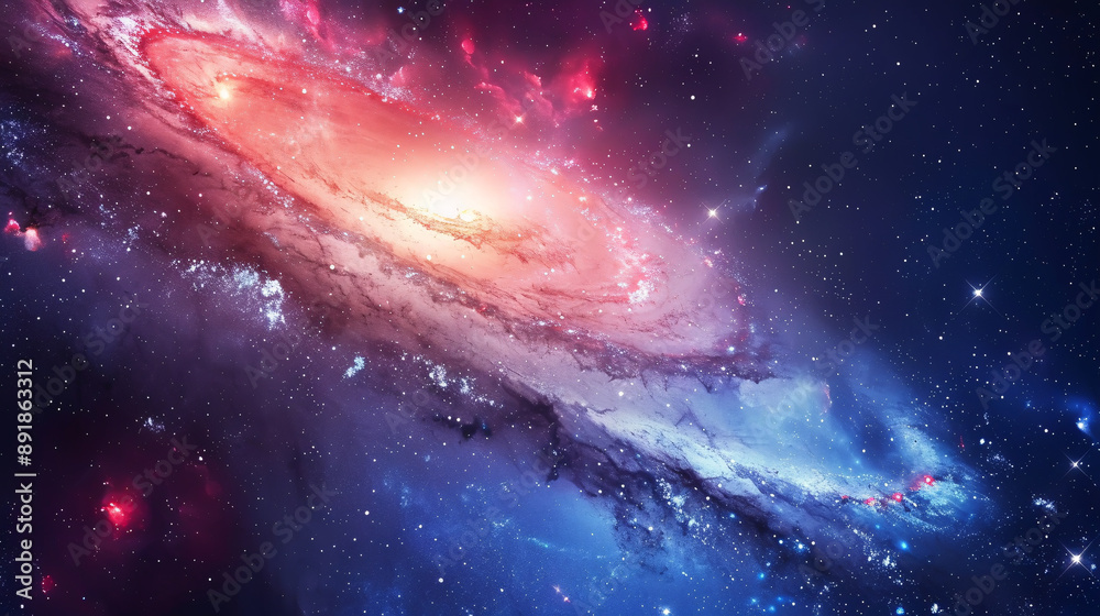 Obraz premium A galaxy background with a radiant explosion of blues and reds illuminating the cosmos. This celestial scene captures the infinite beauty and mystery of the universe.
