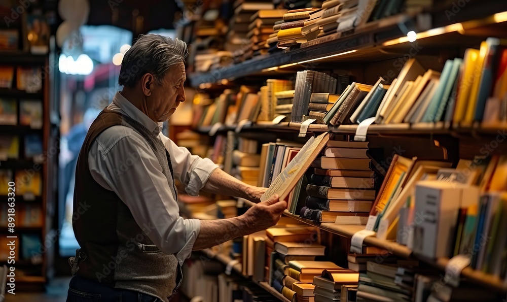 Bookstore owner arranging books on display shelves with attention to detail Bookstore owner arranging books on display shelves with attention to detail