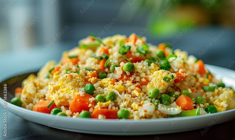 Cauliflower fried rice with peas, carrots, and scrambled eggs
