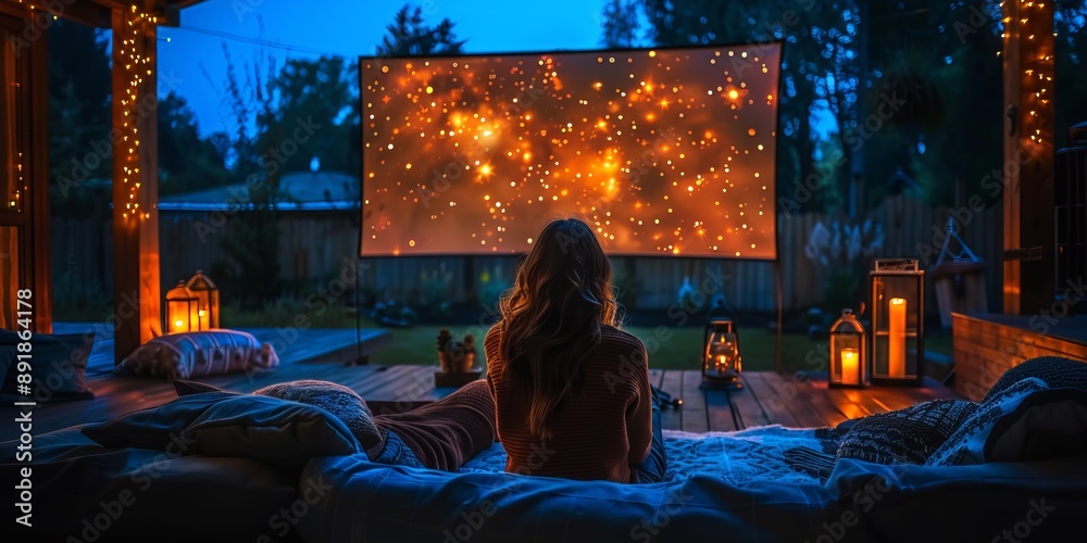 Family enjoying backyard movie night for National Movie Night, August 18th, cozy blankets, big screen, starlit sky Family enjoying backyard movie night for National Movie Night, August 18th, cozy blankets, big screen, starlit sky
