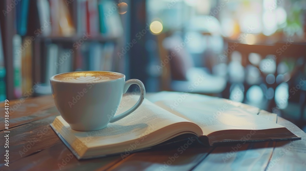 Reading with a Cup of Coffee Educational Concept and Ample Space Reading with a Cup of Coffee Educational Concept and Ample Space