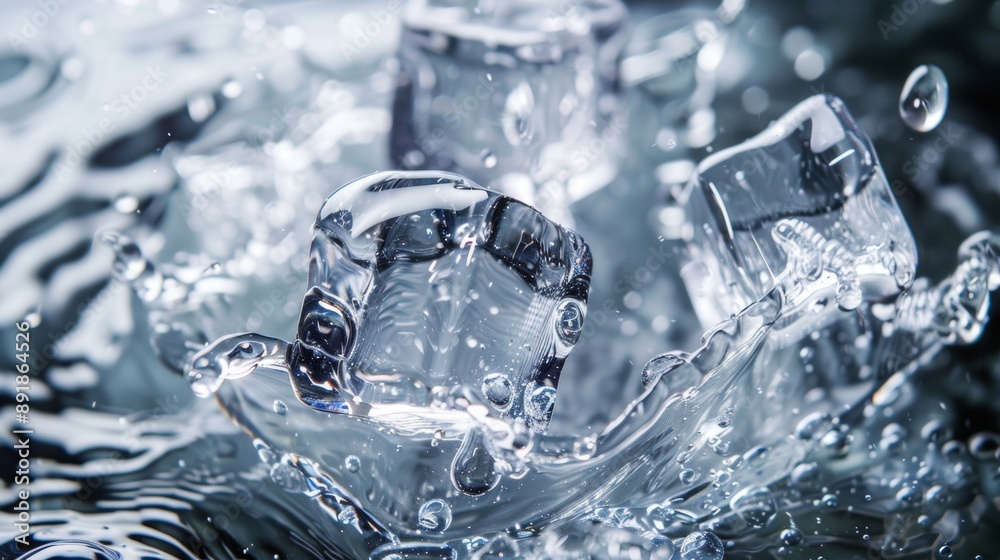 Ice cubes splashing into water with dynamic motion Ice cubes splashing into water with dynamic motion
