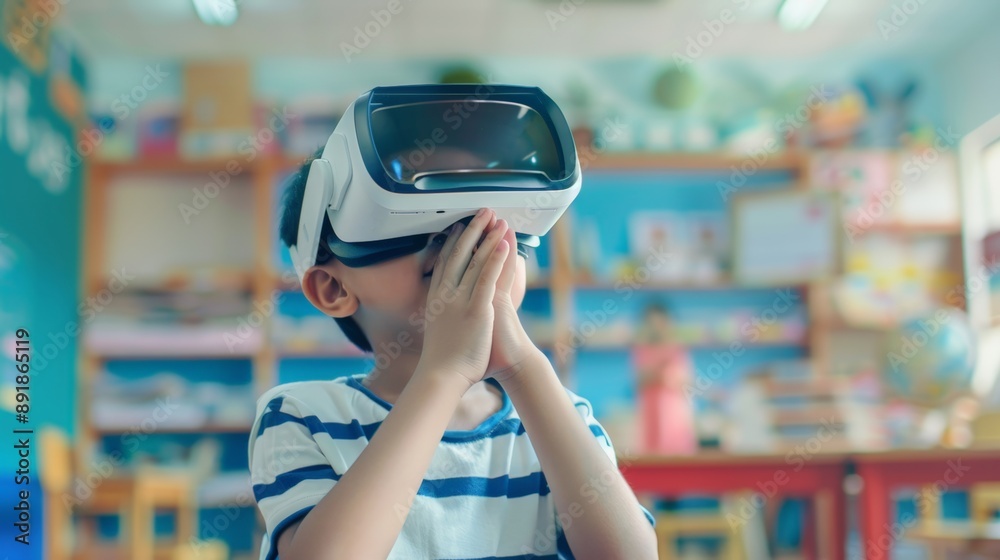 A child is wearing virtual reality goggles in a colorful classroom A child is wearing virtual reality goggles in a colorful classroom