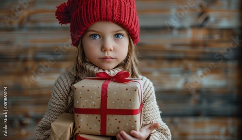 Young Girl Holding Gifts in Red Hat