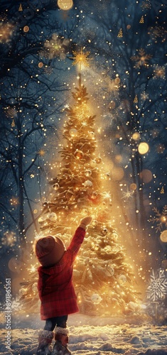 Child Reaches For Ornament On Snowy Christmas Tree