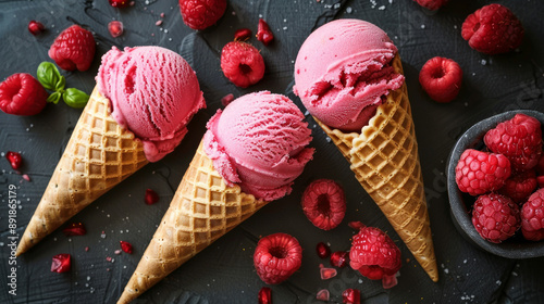 Indulge in a refreshing raspberry sorbet served in crisp waffle cones. The vibrant pink ice cream resting on a dark table tantalizes your taste buds with its sweet and tangy flavors.