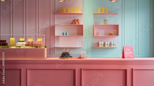 Pastel-colored bakery shop interior with display counter