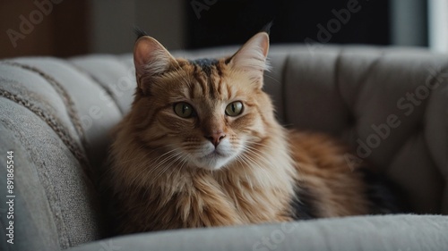 Cute cat lying on the sofa. Indoor pet portrait. © DBGTO