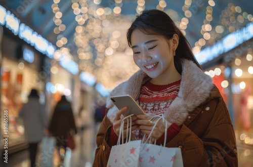 Woman Using Smartphone in Festive Market