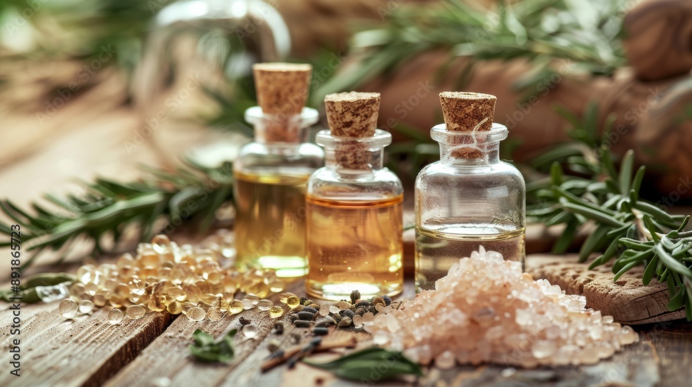 Essential oils and herbs on wooden table with rustic background Essential oils and herbs on wooden table with rustic background