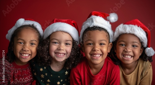 Smiling Children in Red Knit Hats