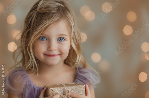Little Girl Holding Gift With Festive Lights