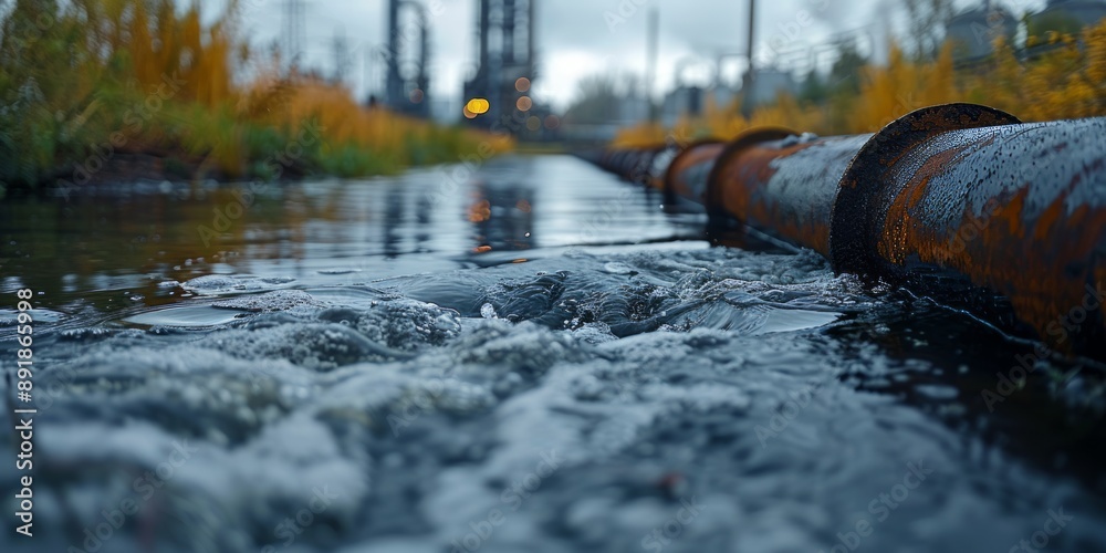 Industrial wastewater spill contaminating rivers, affecting wildlife and human health, demonstrating the consequences of industrial negligence Industrial wastewater spill contaminating rivers, affecting wildlife and human health, demonstrating the consequences of industrial negligence