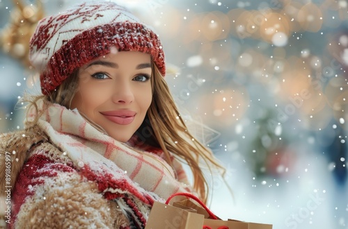 Woman Shopping in Winter Snow