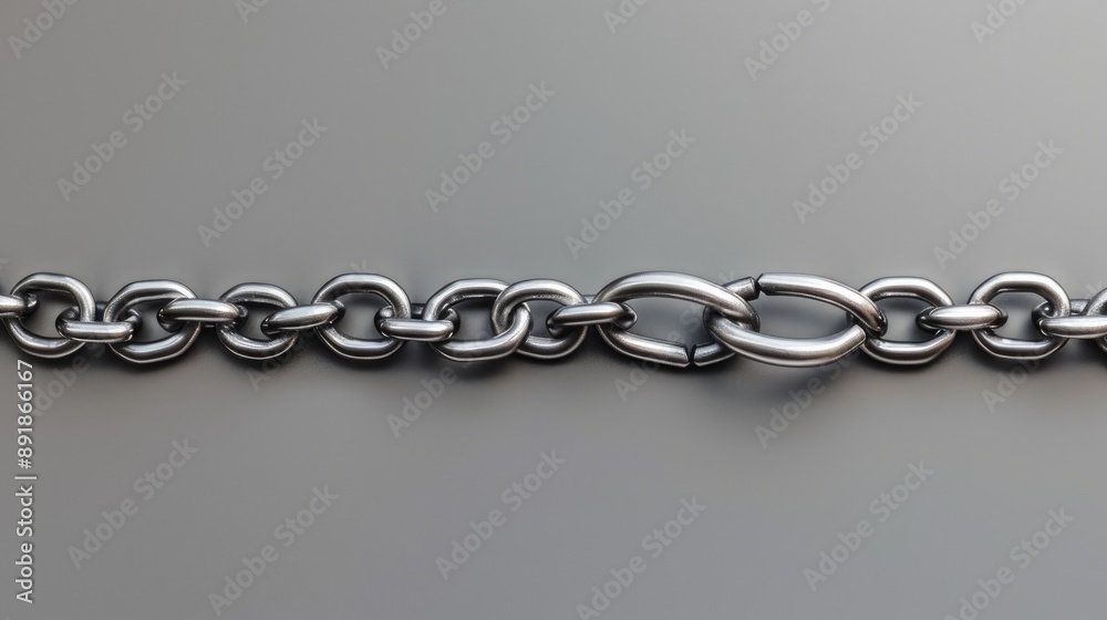 Silver metal chain on gray background viewed from top Silver metal chain on gray background viewed from top