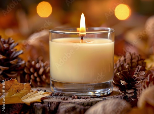 Candle Burning in Autumn Woods