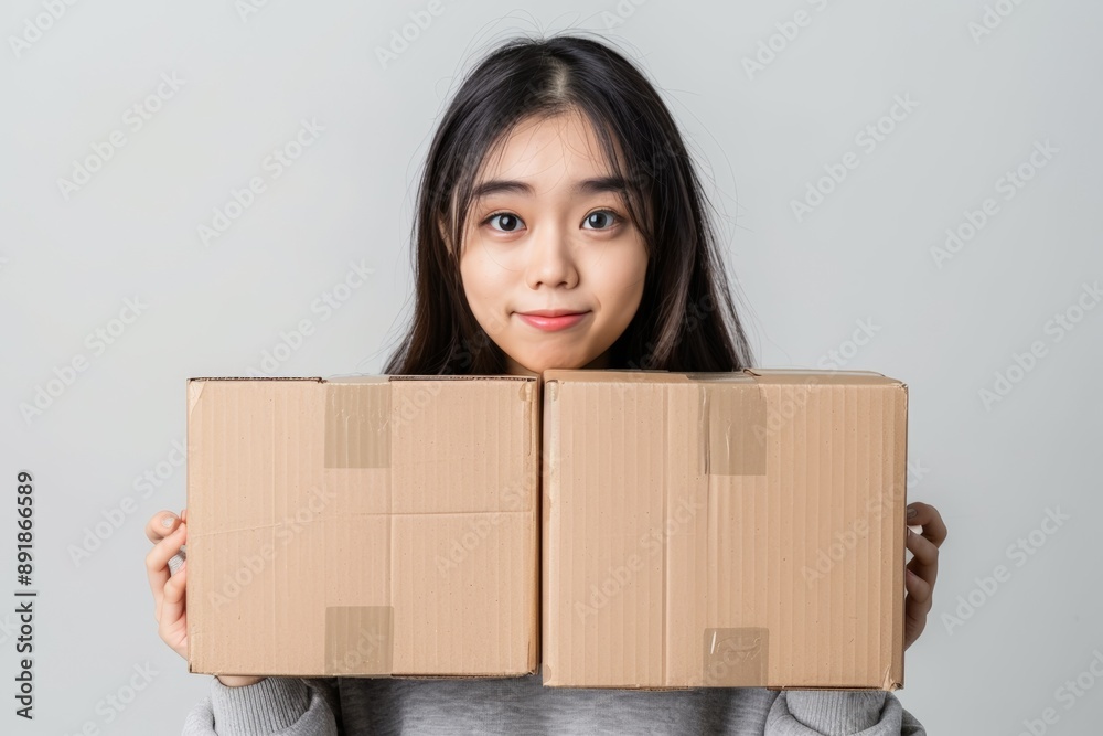 A young woman is holding a cardboard box A young woman is holding a cardboard box
