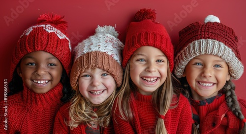 Smiling Children in Red Knit Hats