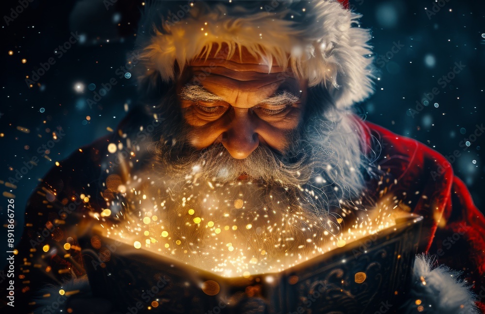 Fototapeta premium Santa Claus Opens A Gift Box With Magic